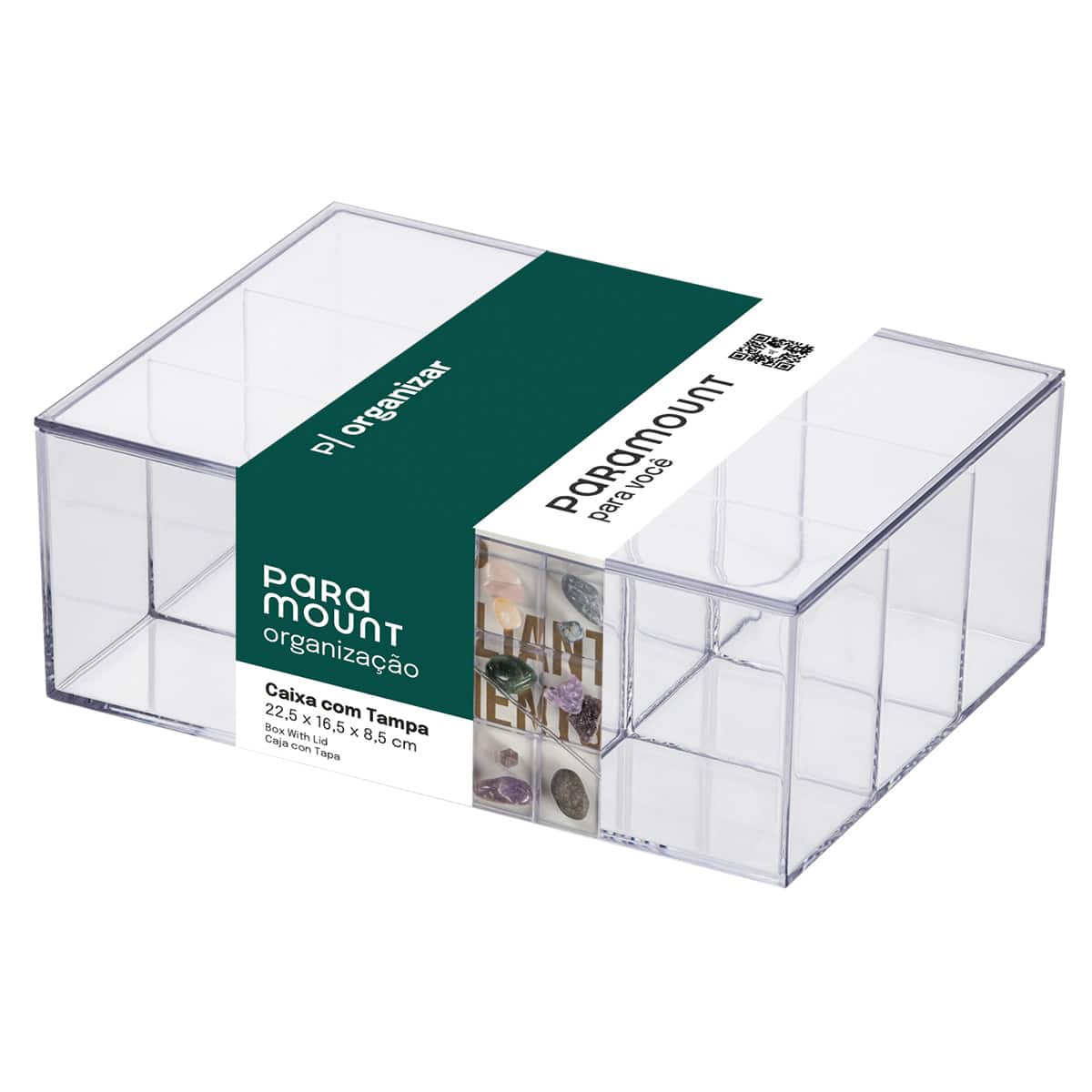 Caixa Organizadora Transparente com Divisória e Tampa Elegance 22,5cm Empilhável